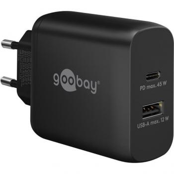 Cargador Rápido Dual USB-C PD GaN 45W Negro - 1x USB-C (Power Delivery) y 1x USB-A