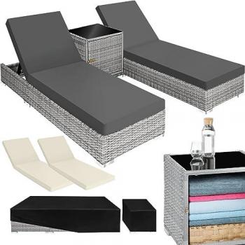 Set de 2 Tumbonas de Poliratán y Aluminio con Mesa Auxiliar, Ajustable en 5 Posiciones y Tuercas de Acero Inoxidable - Muebles para Jardín e Interiores