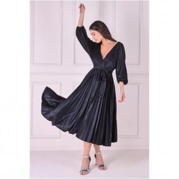 Goddiva Satin Pleated Skirt Wrap Midi Dress - Black