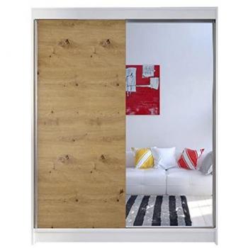 Armario Atlanta 140 Blanco y Roble Artisan, Correderas, 200x150x58cm, 5 Estantes