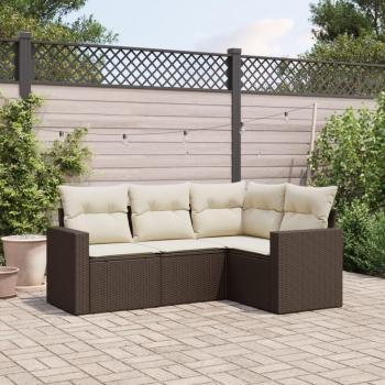 Conjunto de muebles de jardín 4 piezas con cojines de ratán sintético negro y crema, incluye sofá, sillones y mesa