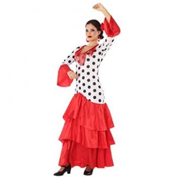 Atosa Traje Sevillana Flamenca Adulta - Ideal para la Feria de Abril, Disfraz Flamenca Sevillana, Disfraz flamenca sevillana blanco rojo mujer adulto M