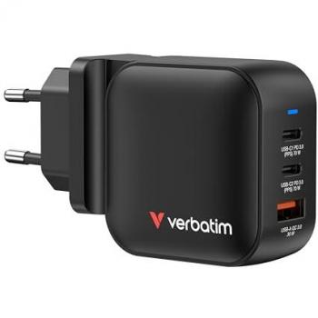 Cargador Verbatim Mini GaN 70W, 3 Puertos (2 USB-C y 1 USB-A), Carga Rápida, Universal, Negro