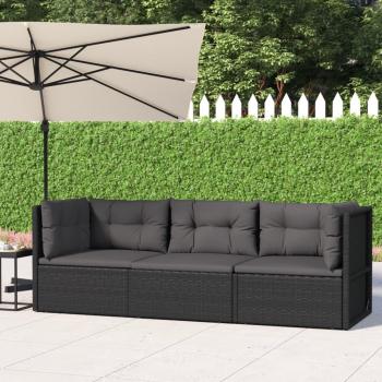 3-Piece Black Poly Rattan Garden Lounge Set with Cushions