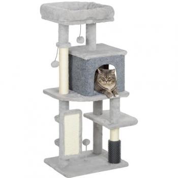 Árbol Rascador para Gatos PawHut Gris Claro 104 cm con Plataformas, Poste Cepillo y Bolas Colgantes