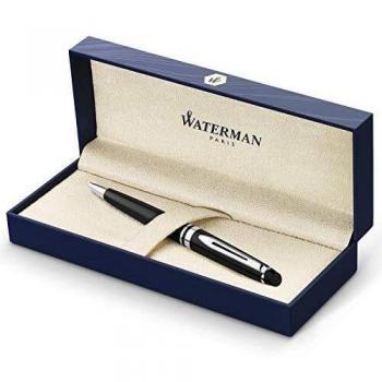Waterman Expert bolígrafo, brillante con adorno cromado, punta media con cartucho de tinta azul, estuche de regalo, color negro