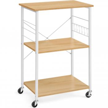 Estantería de Cocina con Ruedas VASAGLE, Carrito de Servicio Industrial de 3 Niveles, Marco de Metal con 6 Ganchos, Gris y Negro/Marrón Rústico