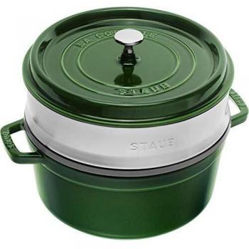 STAUB Cocotte Redonda con Cesta Vapor, Hierro Fundido, Verde basilisco, 26 cm