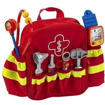Theo Klein 4314, Mochila de rescate, Con estetoscopio, jeringuilla y mucho más, Tensiómetro electrónico con sonido, Medidas: 28 cm x 25 cm x 8.5 cm, Juguete para niños a partir de 3 años