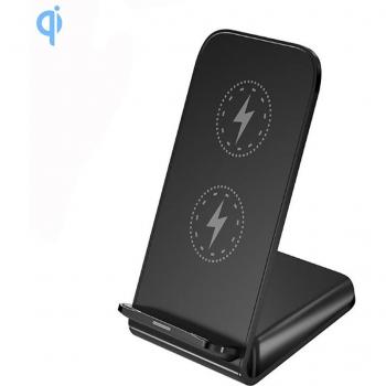 Cargador inalámbrico Qi de bobinas duales con soporte DAM, 15W/10W/7.5W/5W, medidas: 8x7x11cm
