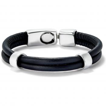 Pulsera de cuero negro doble para hombre con circunferencias bañadas en plata de ley, fabricación artesanal