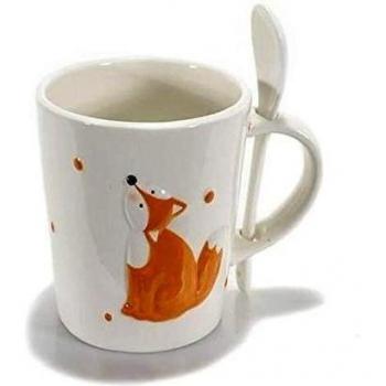 Taza de cerámica esmaltada con zorro colorata y cucharilla. Zorros tazas cucharas