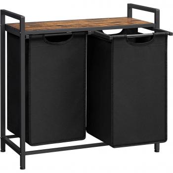 Cesto doble para ropa sucia con estante, 2x46 litros, marco metálico, bolsas de tela oxford extraíbles, dimensiones 73x33x72 cm, disponible en marrón rústico, negro o blanco
