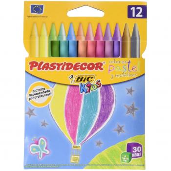 BIC Kids Plastidecor - Ceras Plásticas para Colorear, 12 Unidades en Tonos Pastel y Metálicos