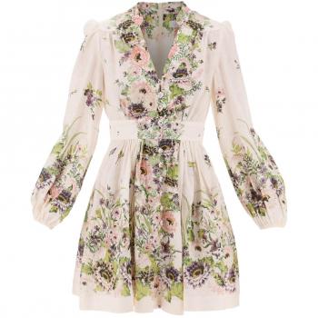 Zimmermann Women's Beige Floral Print Linen Mini Dress - Size L