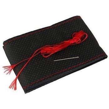 Funda Cubierta de Volante Coche Bricolaje Cuero Artificial Agujas Hilo Rojo Negro