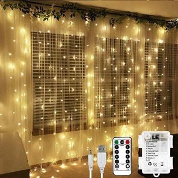 LE Window Curtain Lights, 3x3m Battery Operated or USB Powered, 300 LED Warm White Fairy Lights, 8 Modes Water Resistant String Lights for Garden, Gazebo, Party and More, Remote Included