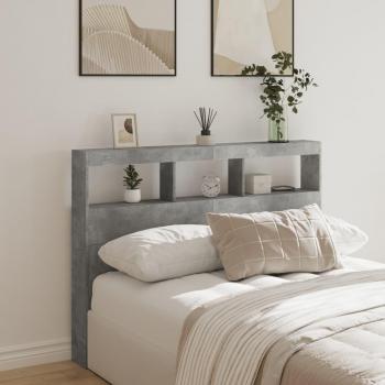 Cabecero de cama con contenedor y luz LED en color hormigón gris, dimensiones 140x17x102 cm