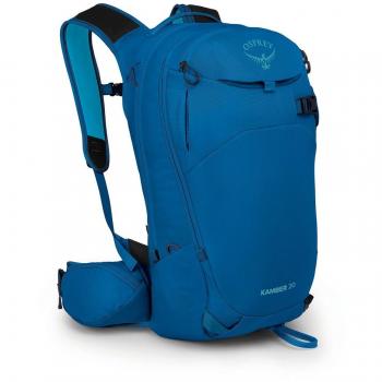 Mochila Osprey Kamber 20L azul, capacidad de 20 litros, diseño específico para esquí y snowboard, sistema de hidratación compatible, múltiples compartimentos organizativos, correas ajustables para el torso y la cintura,