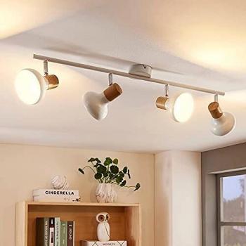 Lámpara de techo linear Fridolin, 4 luces, metálica blanca y madera clara, regulable