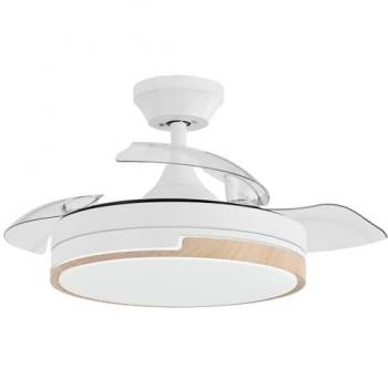 Ventilador DC 48W Olimpia Blanco/Haya con 3 Aspas Desplegables, 6 Velocidades Ajustables, 3 Temperaturas de Luz y Mando a Distancia