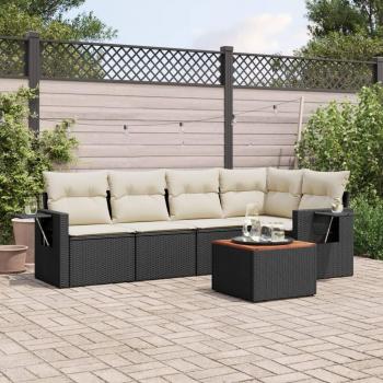 6-Piece Black Poly Rattan Garden Sofa Set with Cushions