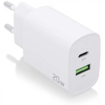 Cargador de Pared Aisens A110-0754 con Tecnología de Carga Rápida 20W - 1 Puerto USB-C PD3.0 y 1 Puerto USB-A QC3.0 - Color Blanco