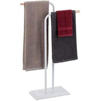 Relaxdays Toallero de Pie con 2 Brazos, Acero-DM-Madera, Blanco, 90 x 56 x 20 cm