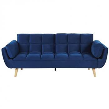 Sofá Cama 3 Plazas Azul Marino de Terciopelo con Patas de Madera y Relleno de Espuma con Espalda Dividida y Relleno Biscuit Asby