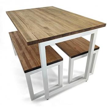 Conjunto Mesa y Bancos iCub Strong Blanco 120x80cm en Madera Maciza de Pino con Acabado Vintage Estilo Industrial