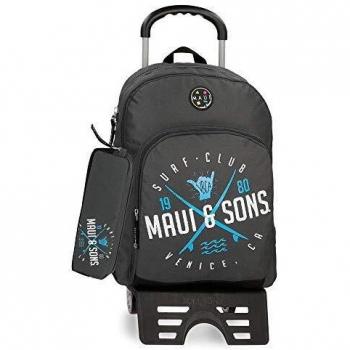 Maui & Sons Shaka Mochila con carro doble compartimento + estuche escolar, color Gris