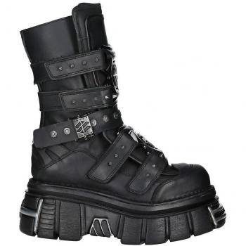 New Rock Unisex Metallic Black Leather Gothic Platform Boots - Model M-MET422-S1 - Size EU 40