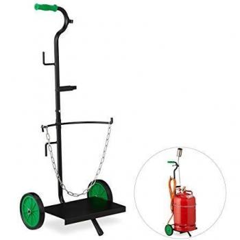 Carro de Transporte para Bombonas de Gas, Capacidad 5 y 11 kg, Ruedas de Goma, Acero Negro/Verde - Relaxdays