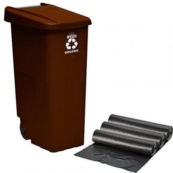 Contenedor Wellhome Reciclo 110 litros, cerrado con tapa, ideal para reciclaje de residuos orgánicos, con ruedas + 30 bolsas de basura
