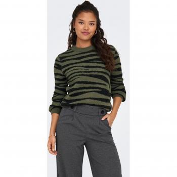 JDY Women's Long Sleeve Animal Print Knit Pullover with Round Neck in Kalamata Green and Black Zebra Stripes