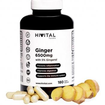 Jengibre 6500 mg - Extracto Natural de Jengibre al 5% en Gingeroles, 180 cápsulas veganas para 6 meses, aporta 32,5 mg por cápsula, previene la inflamación y
