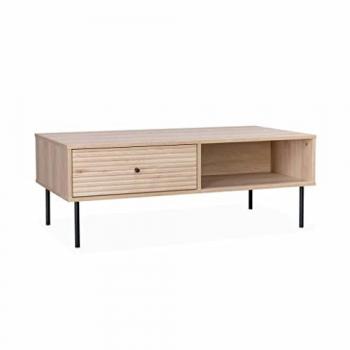 Mesa de Centro Sweeek con decoración de madera acanalada, natural, dimensiones 59x59x41 cm, un cajón y dos espacios de almacenamiento