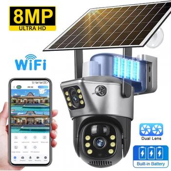 Cámara Solar WiFi 4K 8MP con Doble Lente y Doble Pantalla, CCTV, Detección Humana PIR, Visión Nocturna, V380, 4G, Batería