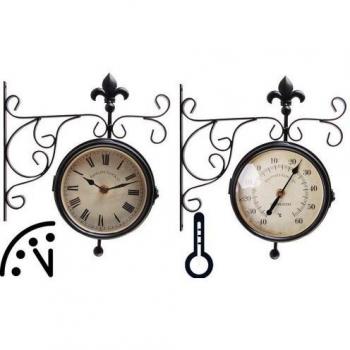 Esschert Design Bahnhofsuhr mit Thermometer, Wanduhr, 25 x 8,7 x 28,5 cm