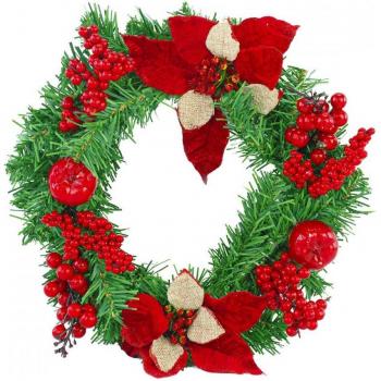 Guirnalda de puerta redonda para Navidad de 35 cm con decoraciones rojas