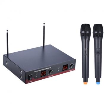 ammoon Micrófono Inalámbrico Sistema de Micrófono Canales Duales VHF Portátil Incluye 2 Micrófonos 1 Receptor con Pantalla LCD 6,35 mm Cable de Audio Adaptador de Corriente para el Karaoke Reunión