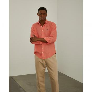 Lion of Porches - Camisa de lino para hombre corte regular con estampado liso en color naranja