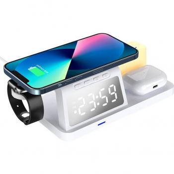 Cargador inalámbrico multifunción 6 en 1 DAM: cargador inalámbrico Qi 15W, cargador inalámbrico para auriculares, USB, Apple Watch, luz ambiental y reloj despertador. Medidas: