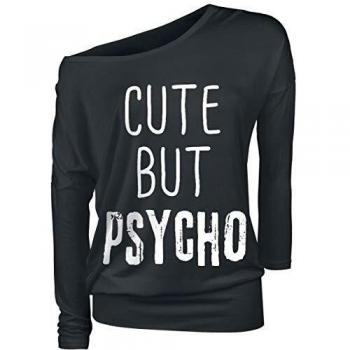 Cute But Psycho Mujer Camiseta Manga Larga Negro XS, 95% Viscosa, 5% elastán, Ancho