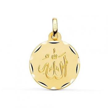 Colgante de Oro 18k Allah es Grande - Medalla de 16 mm con relieve matizado y bordes tallados