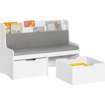 Estantería infantil con cojín de asiento, madera blanca, 2 cajones, con ruedas, dimensiones 100 x 45 x 70 cm