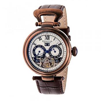 Heritor Ganzi Men's Automatic Semi-Skeleton Leather-Band Watch - Bronze Case, Silver Dial