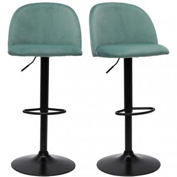 Set de 2 taburetes de cocina ajustables de terciopelo verde celadón y metal negro celeste