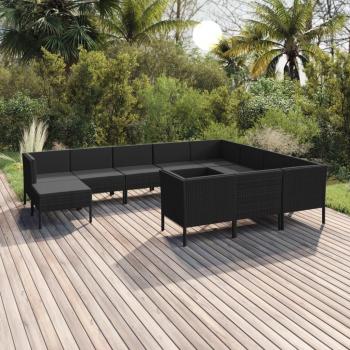 11-Piece Black Synthetic Rattan Garden Lounge Set with Cushions