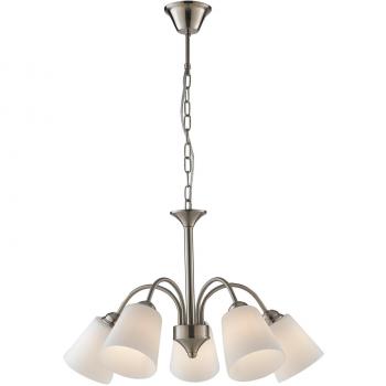 Lámpara colgante Lume, 5 bombillas de metal, difusor de cristal níquel, dimensiones 60x39cm